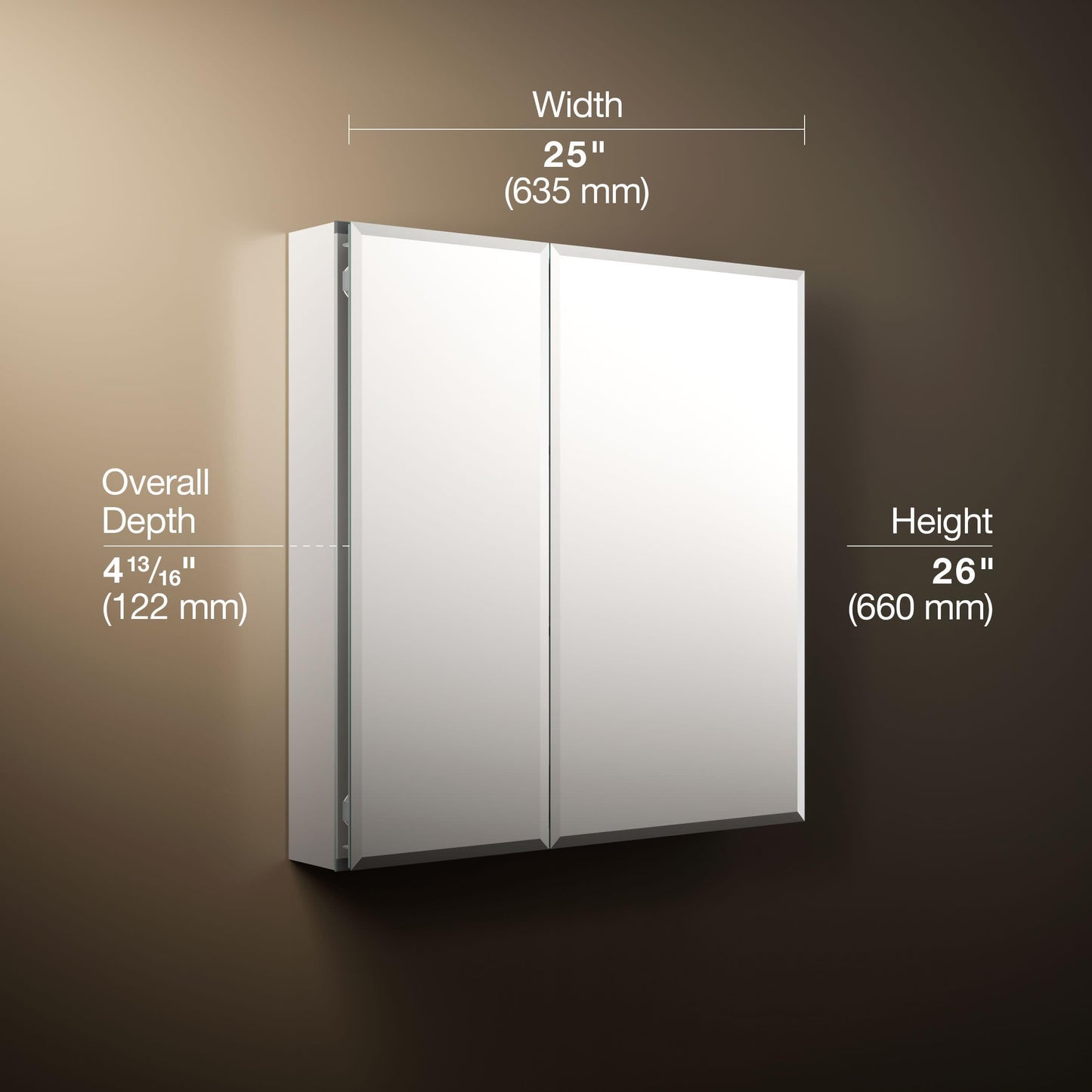 Kohler CB-CLC2526FS Bathroom Medicine Cabinet with Mirror, Beveled Mirror Doors, Adjustable Shelves, Rectangular Beveled Edge, 25 in. W x 26 in. H