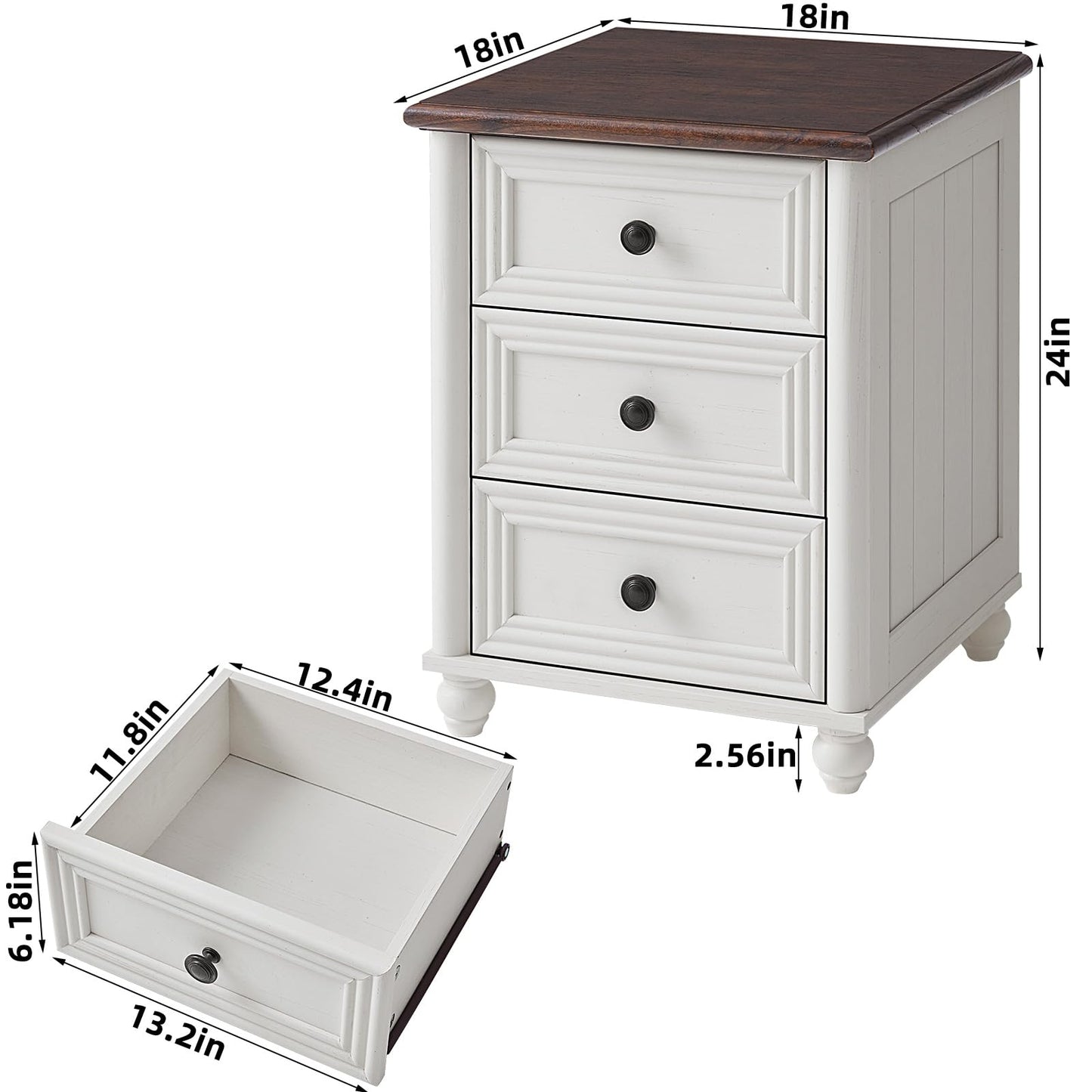 RWYHG 18" Farmhouse Night Stand Set of 2, White Wood Nightstand with 3 Drawers, Bedside End Table with Storage and Roman Column, Bed Side Tables Cabinet for Bedroom, Living Room, and Closet