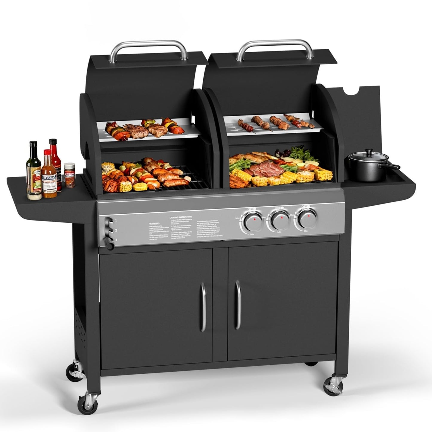 PeakPursuit Dual Fuel Gas & Charcoal Grill Combo – 24,000 BTU Main Disposables, 8,000 BTU Side Disposable, 690 Sq.In. Porcelain Grate, Stainless Steel, Storage Cabinet, Wheels – 24,000 BTU