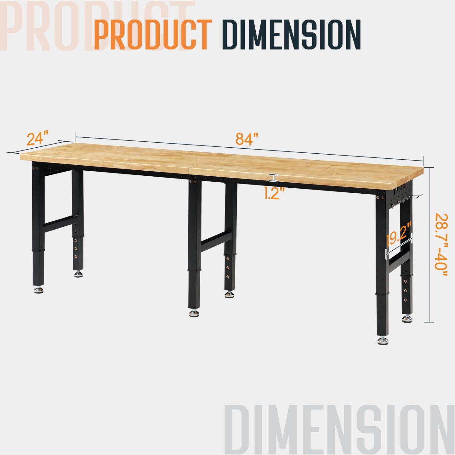 SPECRAFT 84" Adjustable Heavy Duty Workbench with 4 AC Outlet and 2 USB Ports Power Outlets, 6000 Lbs Capacity, Rubber Wood Top for Garage, Workshop, Office