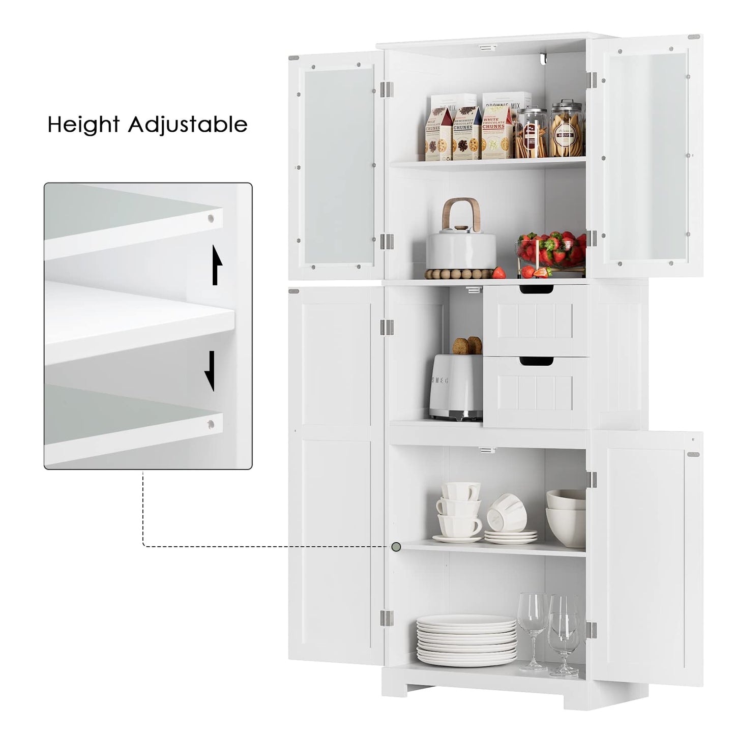 BOTLOG 67'' Tall Bathroom Storage Cabinet, Linen Cabinet with Glass Doors and Adjustable Shelves, Kitchen Pantry with 2 Drawers for Bathroom, Living Room, Dining Room, White