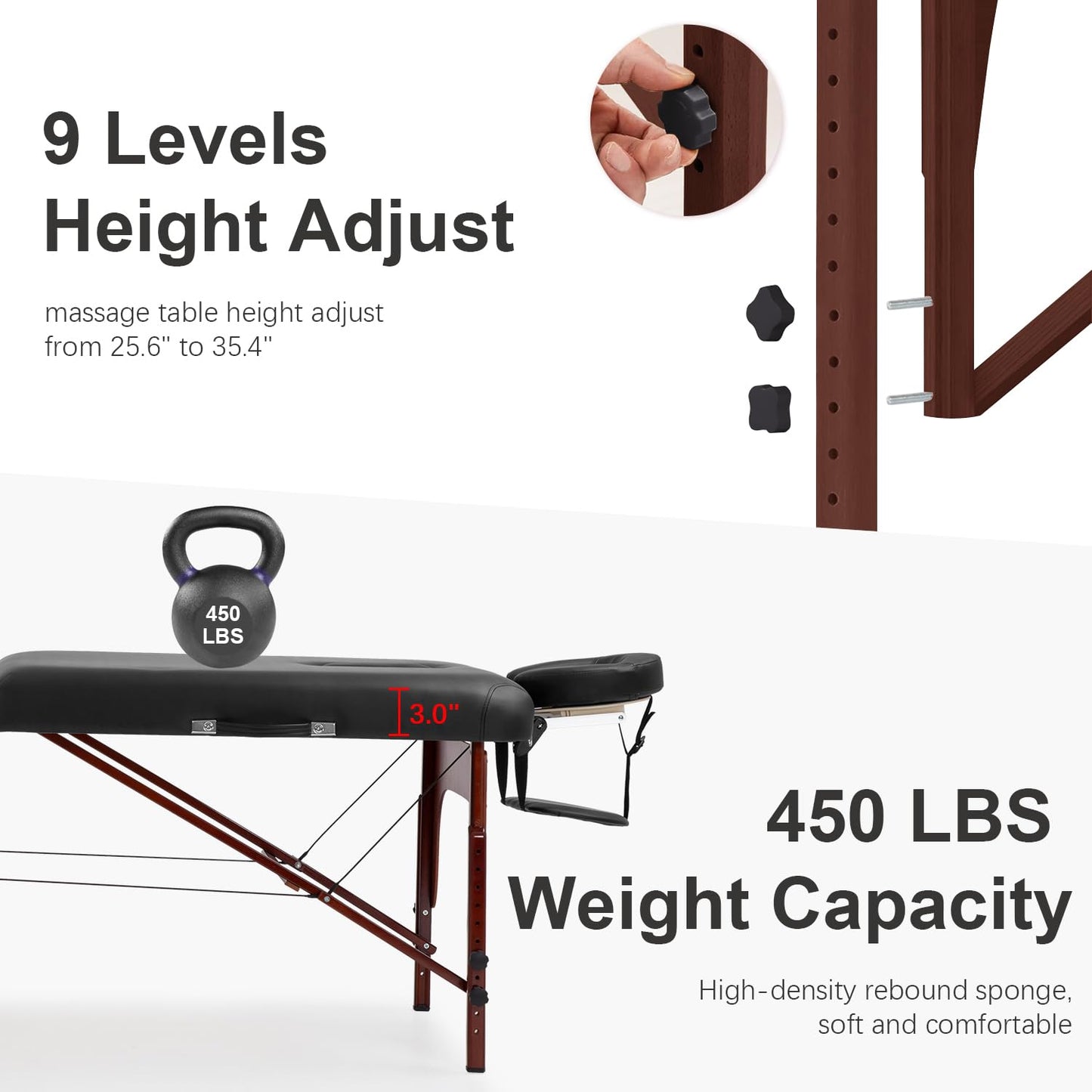 FDW Massage Bed Portable Massage Table 77" L 30" W 2" THK Lash Bed 2 Folding Height Adjustable PU Leather Spa Tables Foldable with Oxford Bag for Spa Footmassage Facial CareSpa Tattoo