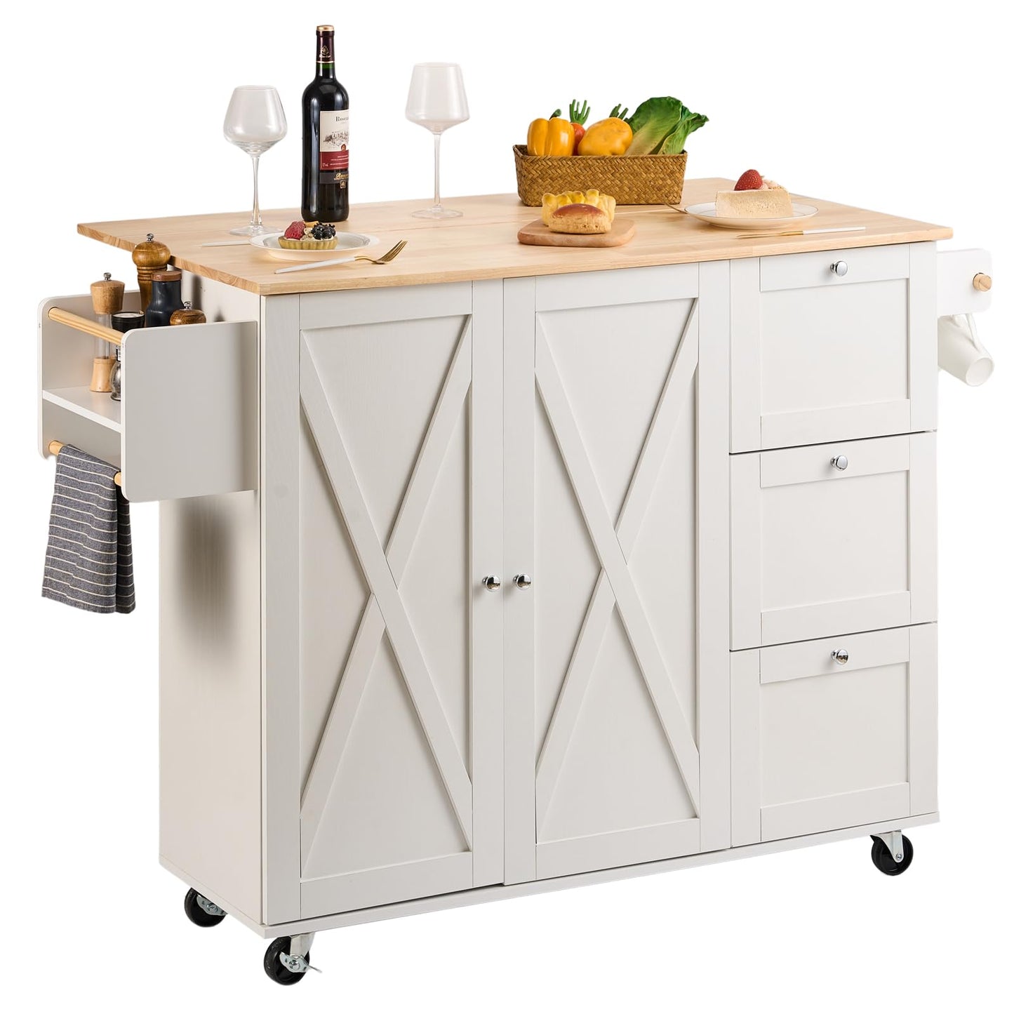 VEVOR Kitchen Island Cart, 45.3x39 inch Rolling Kitchen Table, Mobile Carts with Storage Cabinet and Solid Wood Top, Portable Islands with Wheels, Spice Rack, Towel Rack, Drop Leaf and Drawer, White