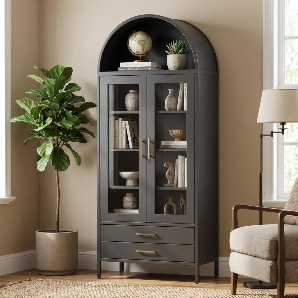 Tall Arched Storage Cabinet 73", Black Metal Curio Cabinet with Glass Door, 2 Drawers and 2 Adjustable Shelves, Modern Freestanding Display Cabinet for Living Room, Dining Room, Entryway, Home Office