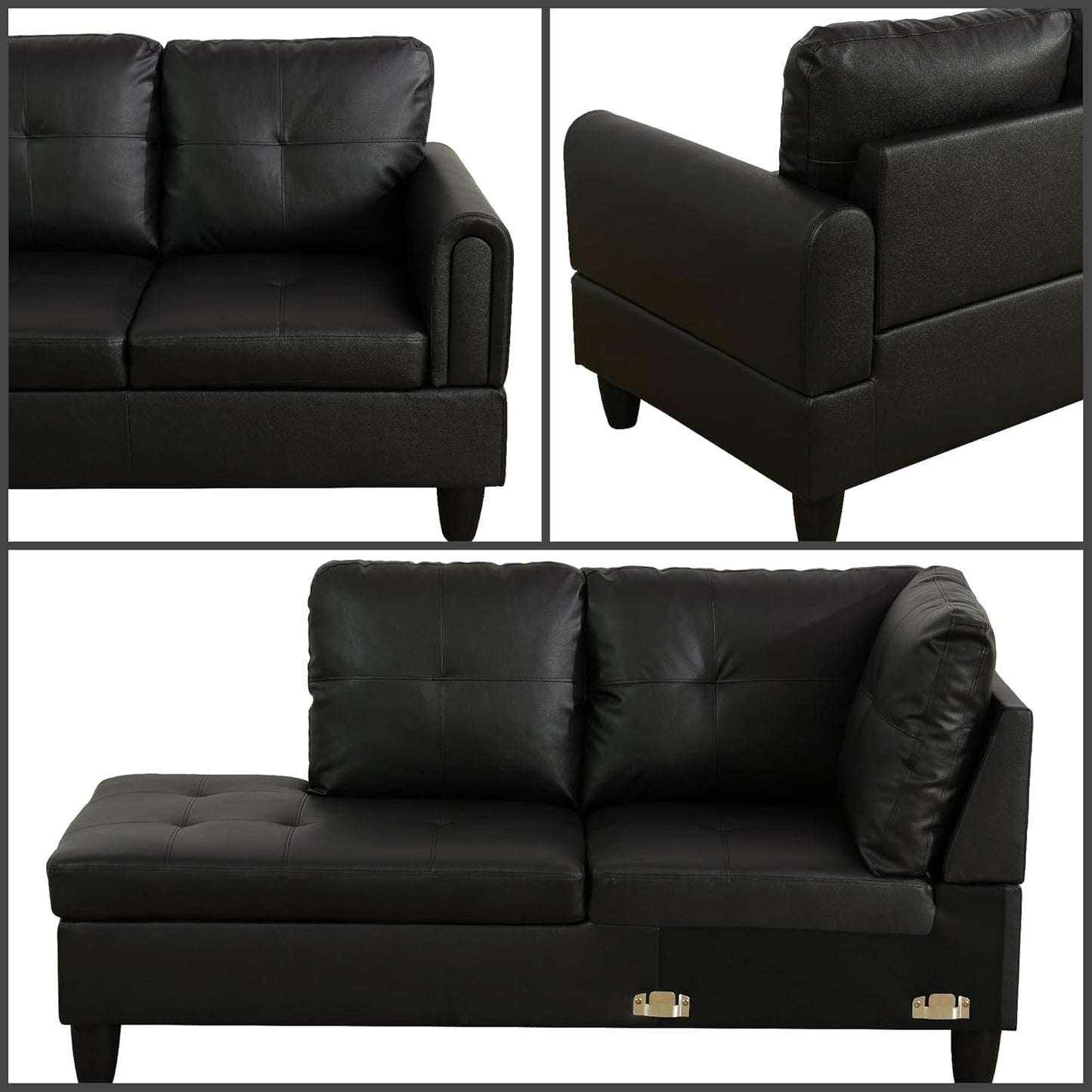 Trygoal L-Shaped Sectional Sofa with Movable Chaise & Storage Ottoman, Leather 3-Piece Modular Convertible Couches for Living Room, Apartment & Office, Glossy Black