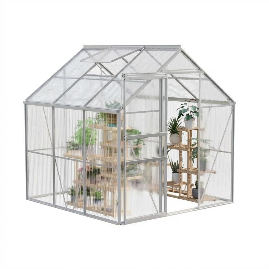 COZONY 6x6 FT Walk-in Polycarbonate Greenhouse for Outdoor Use – Sturdy Aluminum Frame, Lockable Sliding Door, Adjustable Roof Vent, Rain Gutter, Weather-Resistant – (8-Natural Color)