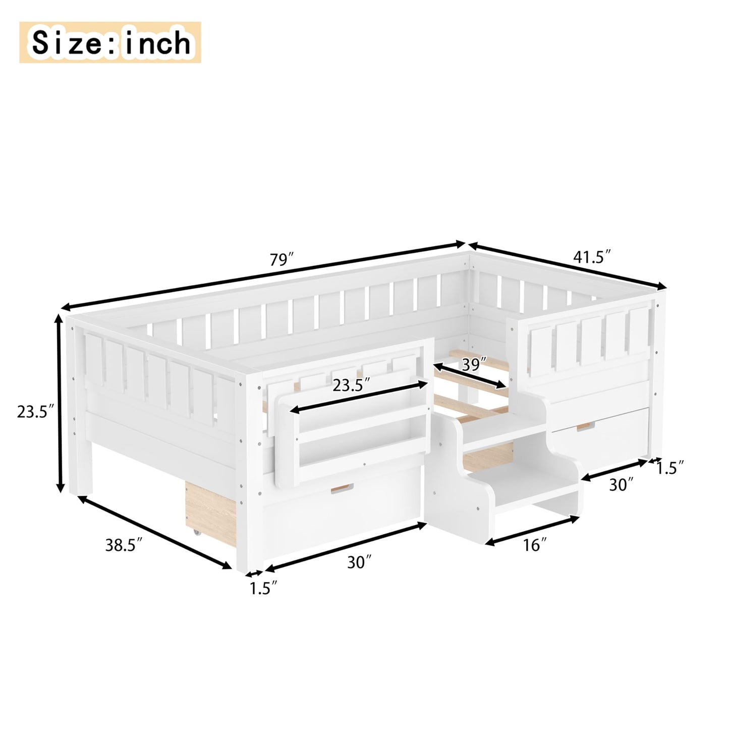 Bellemave Twin Bed with Slats and Stairs, Twin Size Platform Bed Frame with Fence, Bookshelf and Storage Drawers, Easy Assemble Beds for Kids, Girls, Boys, White