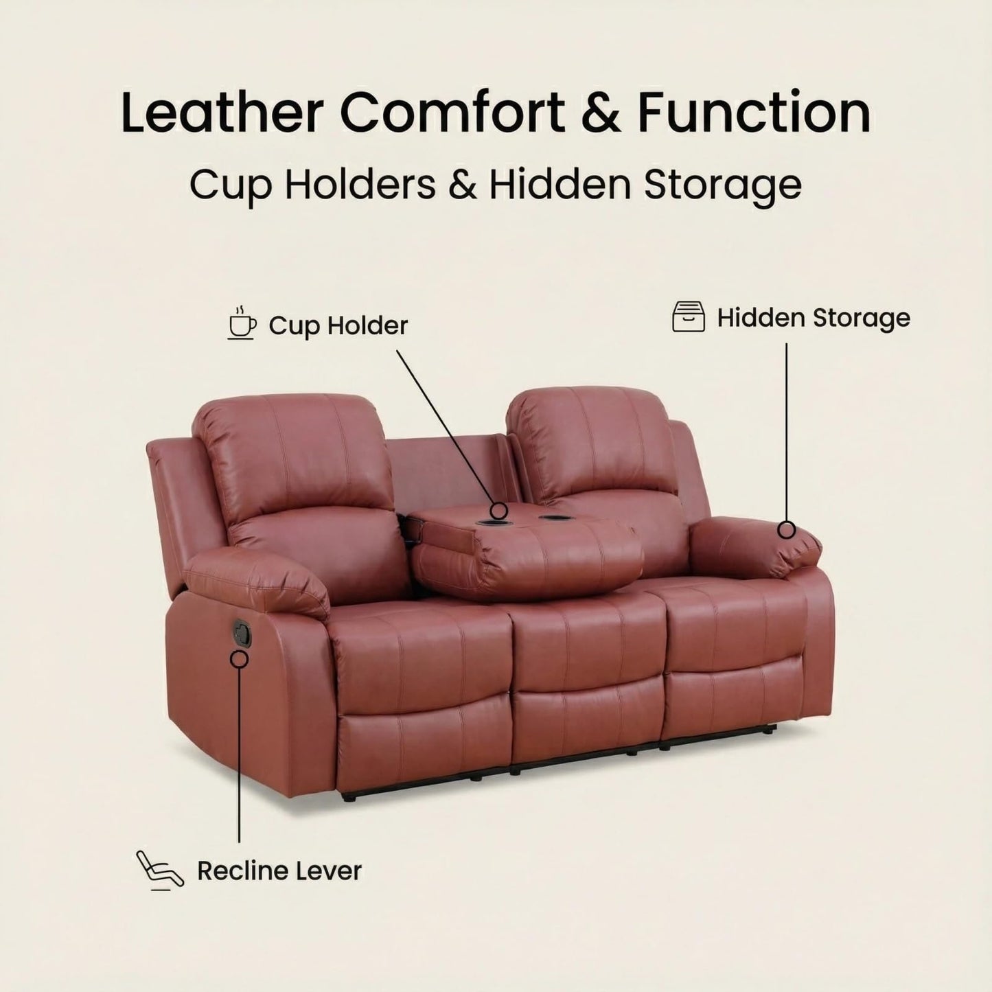 Trygoal Leather Recliner Sofa Set, Living Room Furniture Set, Adjustable Backrest Reclining 3-Seat Sofa with Convertible Middle Coffee Table, Manual Recliner Chair for House, Home Theater, Red