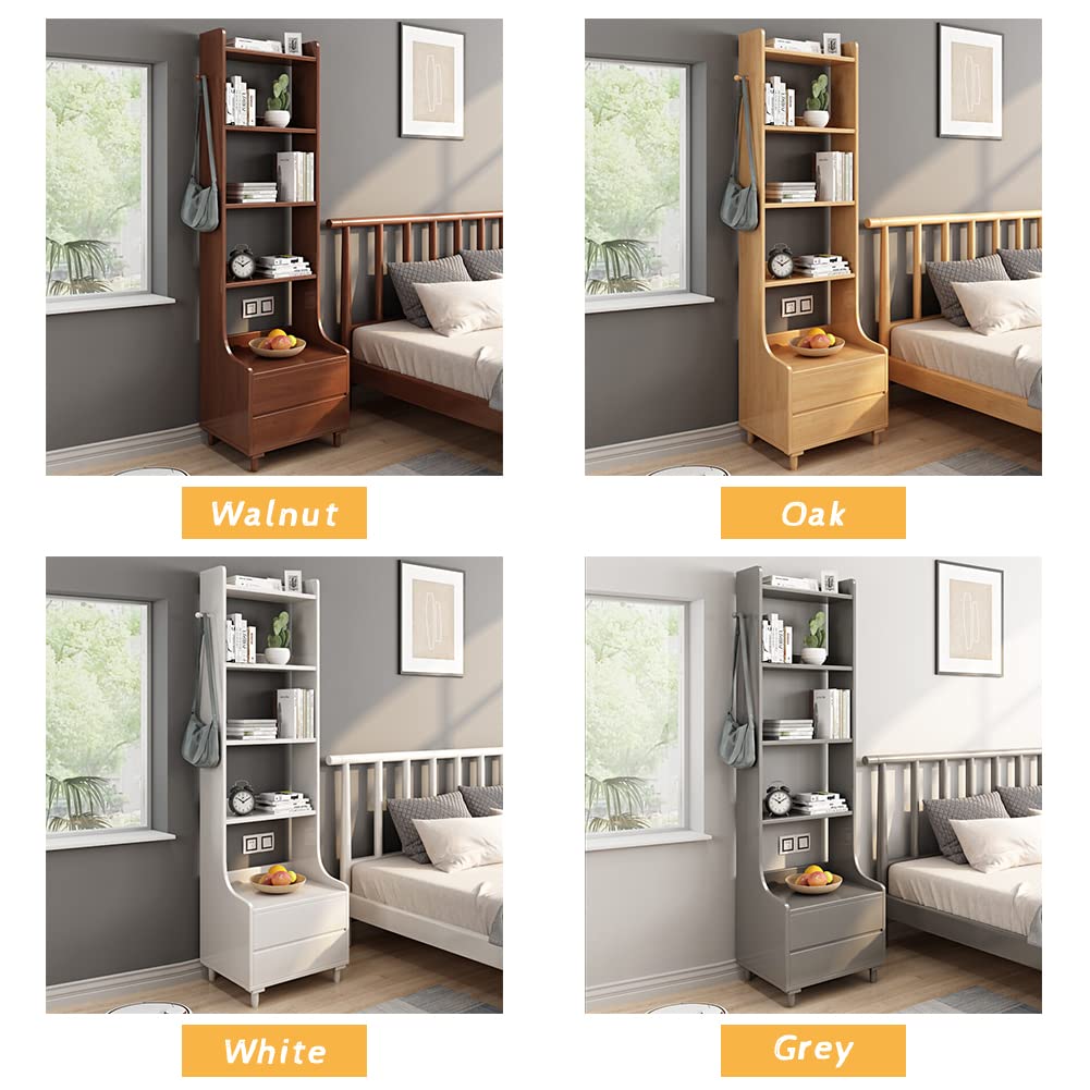 IOTXY Walnut Bedside Table Bookshelf - 71" Tall Free Standing Wooden Open Shelf Bookcase with Drawers and 4-Shelves for Bedroom, Bed Side End Table, Nightstand