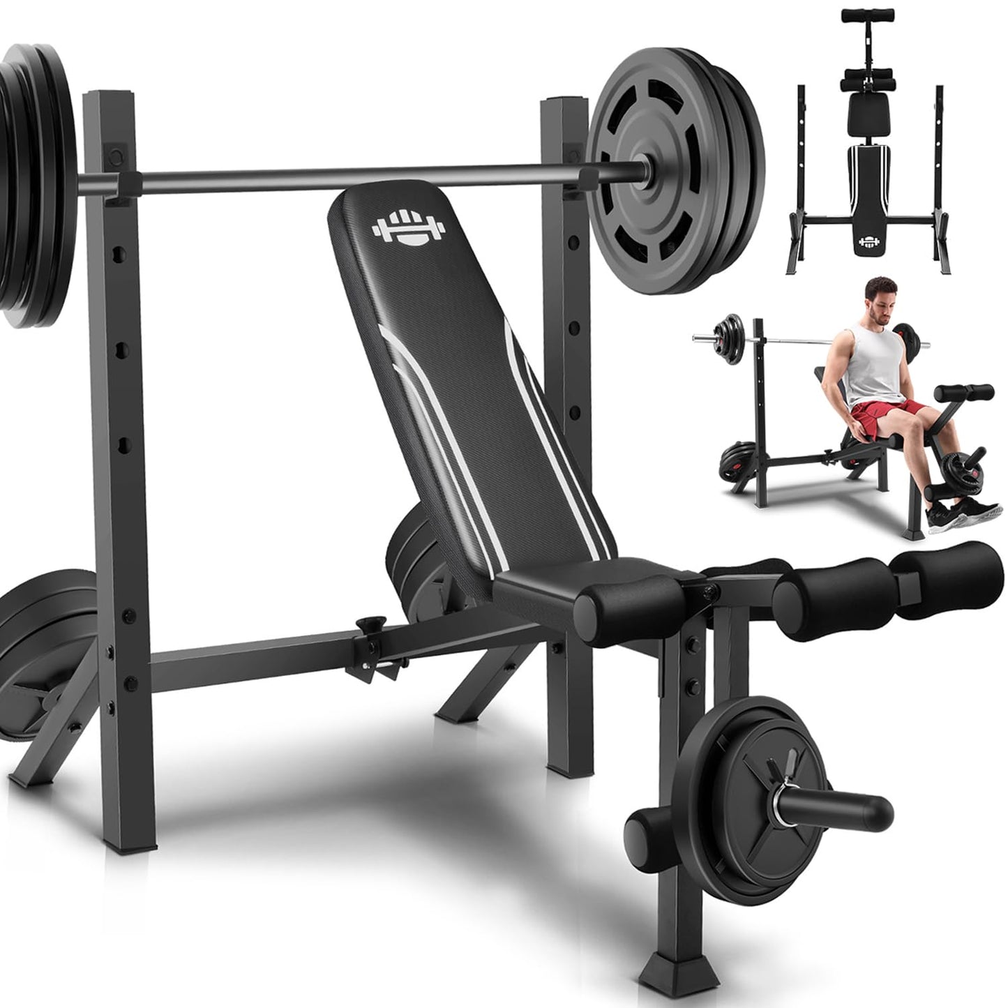 ANCHEER 900LBS Weight Bench Set with Squat Rack, Adjustable Bench Press Set with Leg Extension and Leg Curl, Flat Incline Decline Workout Bench for Home Gym Full Body Strength Training