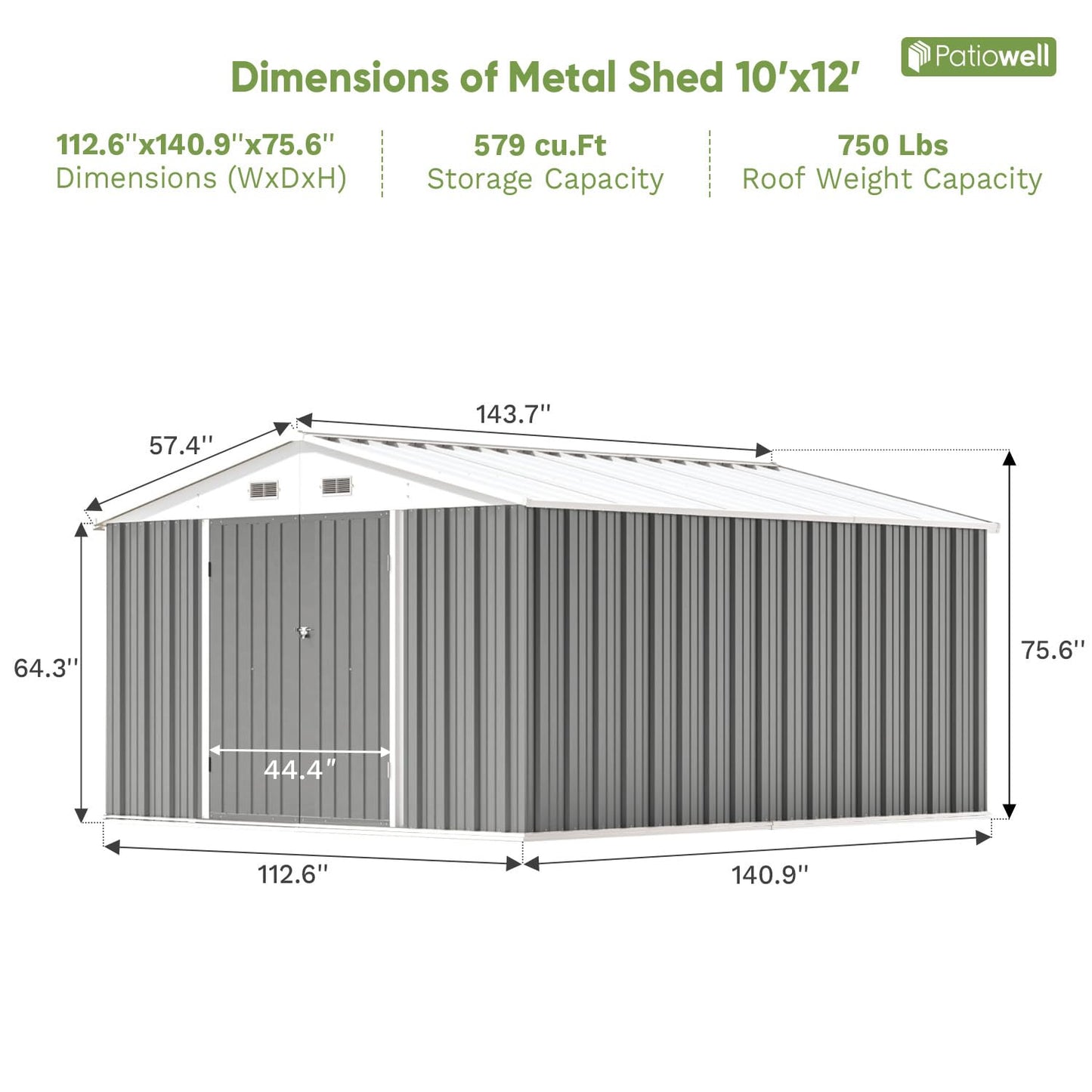 Patiowell 10 x 12 FT Metal Storage Shed for Outdoor, Steel Yard Shed with Design of Lockable Doors, Utility and Tool Storage for Garden, Backyard, Patio, Outside use, Gray