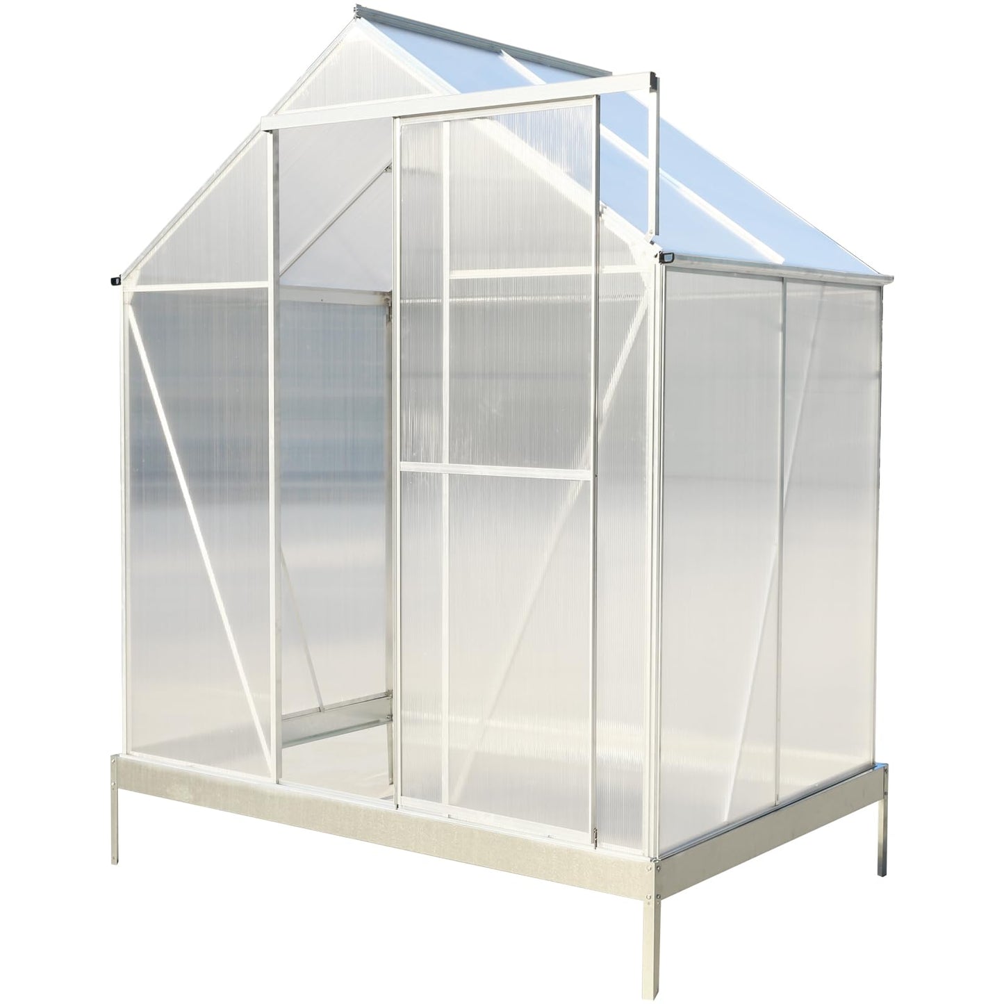 KEIKI 6.2x4.2FT Polycarbonate Greenhouse Walk-in Heavy Duty Outdoor with Aluminum Frame, Clear Panels, Rain Gutter, Adjustable Vent, Sliding Door for Backyard Nursery, UV Safe, Silver