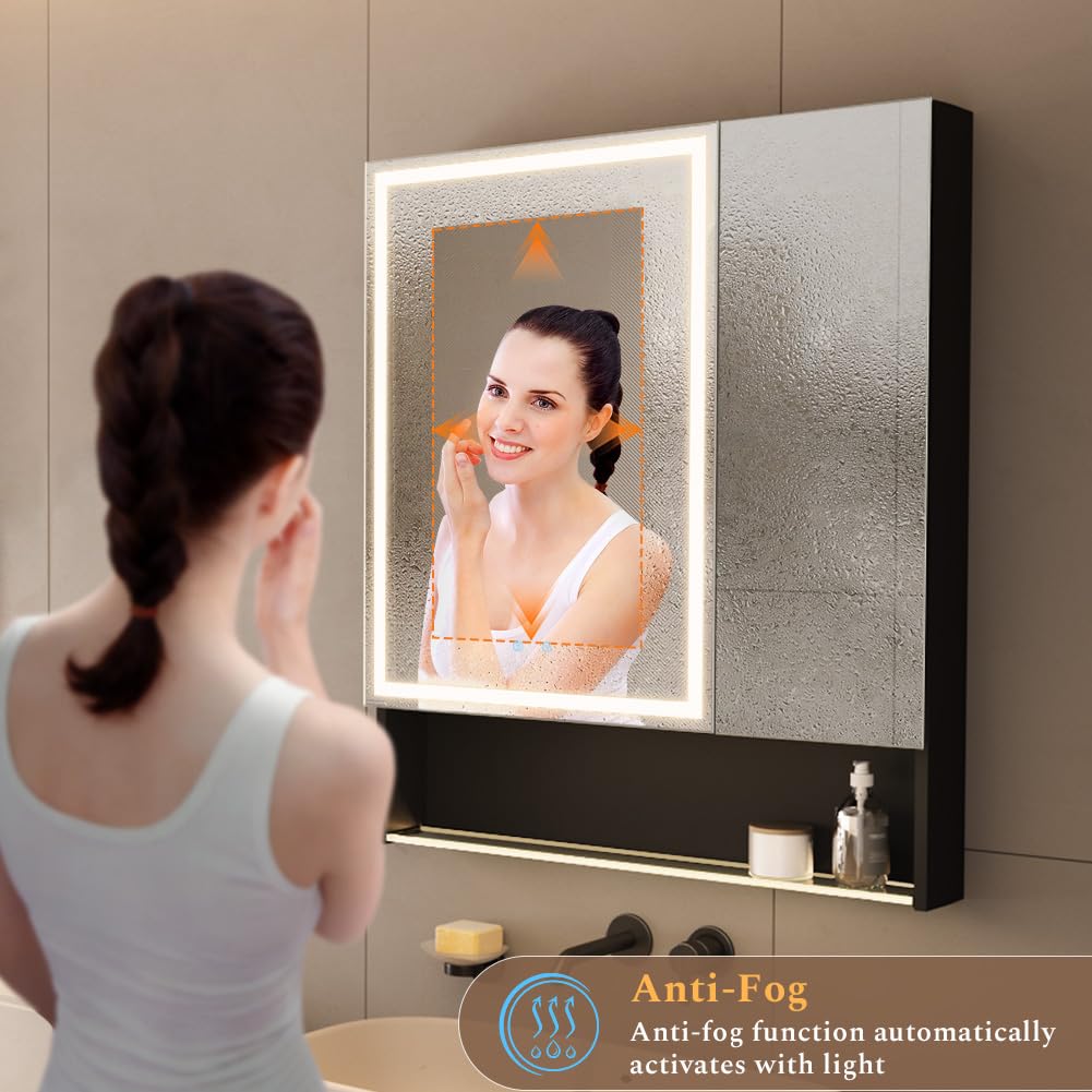 30"×34" Lighted Medicine Mirror Cabinet with Storage Adjustable Brightness 3 Color Temperature Lighting Anti-Fog Sturdy Aluminum Medicine Cabinet with Lights 2 Socket & 2 USB Ports & Adjustable Shelf