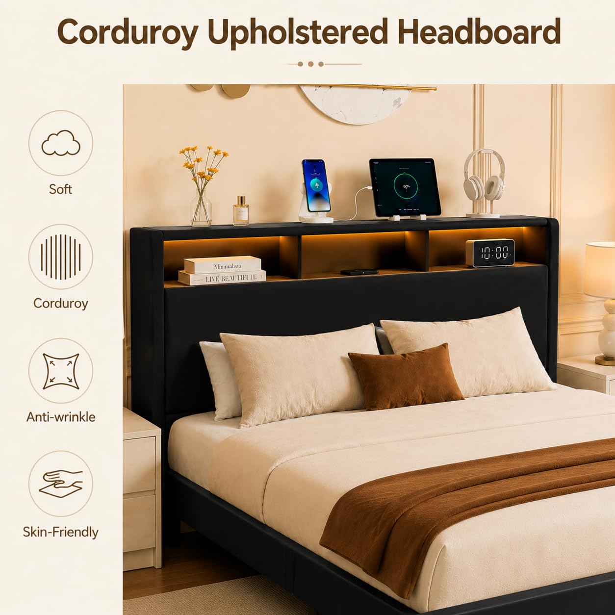 KEIKI Queen Size Upholstered Platform Bed Frame with Storage Headboard and Drawers, LED Bed Frame with Charging Station, Corduroy Mattress Foundation with Silent Slats, No Box Spring Needed