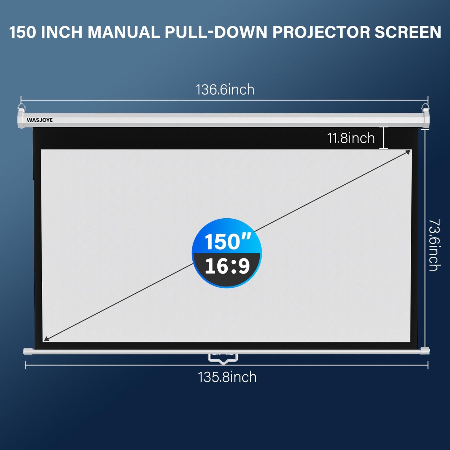 150'' Projector Screen Manual Pull Down - 16:9 HD Retractable Projection Screen with Auto Locking - 4K Projector Screen Anti-Crease for Home Theater Cinema Office Education Presentation