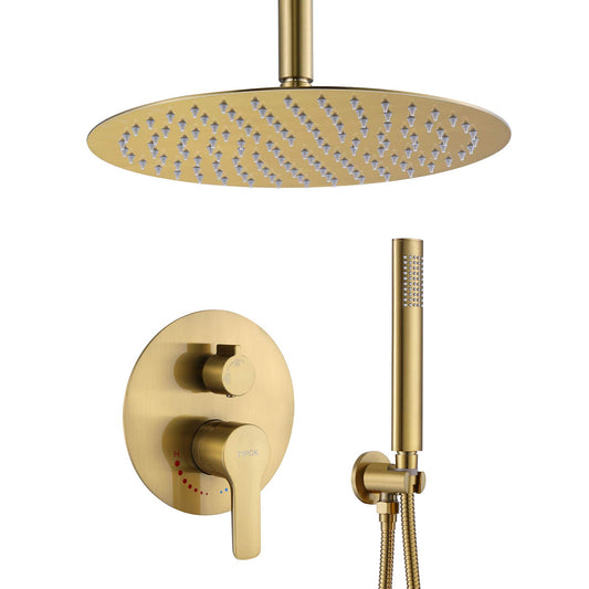 TIPOK Brushed Gold Shower Fixture with 10 Inch Round Shower Head and Handheld Bathroom Golden Rain Shower Faucet Set Contain Brass Rough-in Valve and Trim Kit, Ceiling Mount Gold Shower System