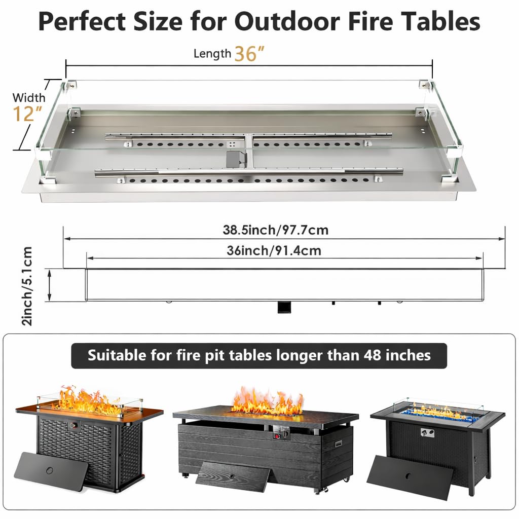 GRISUN Upgraded 36" x 12" Drop-in Fire Pit Burner Kit, Gas Fire Pit Kit with Glass Wind Guard & Lid, Linear Fire Pit Pan Insert with Spark Ignition for Fire Pit Tables