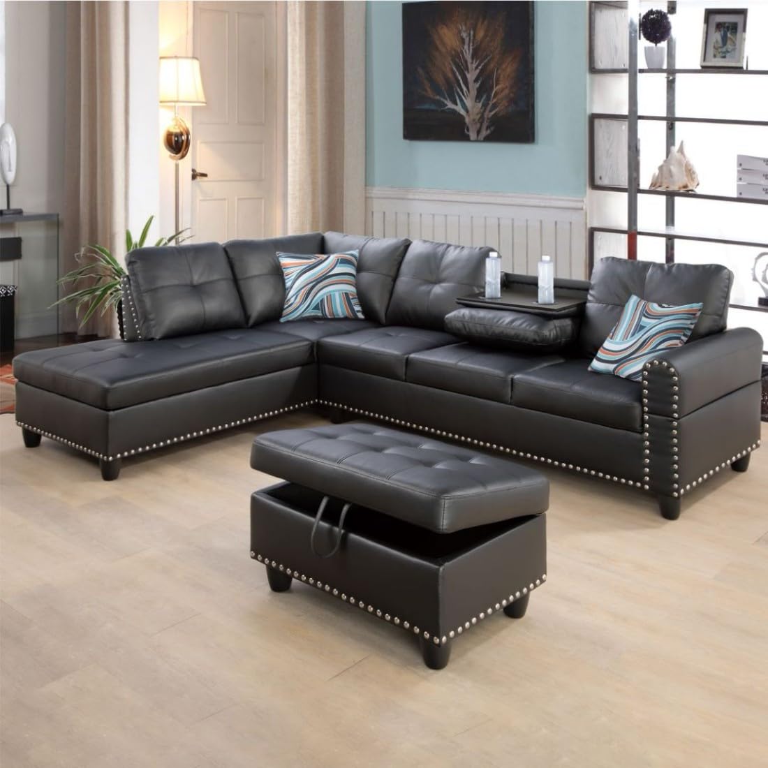 UOCFYK L-Shaped 3-Piece Faux Leather Sofa with Ottoman, Sectional Couch Set for Living Room, Office, Apartment, with Cup Holder, Black