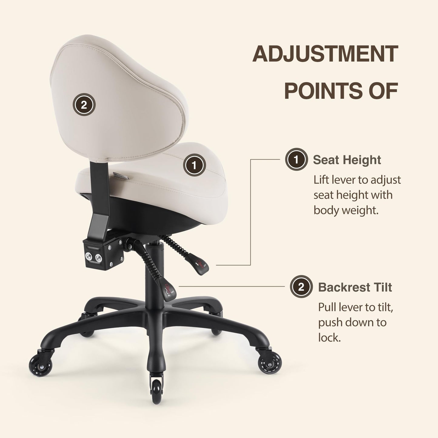DR.LOMILOMI Pneumatic Swivel Rolling Saddle Chair with Wheels and Ergonomic Back Support for Hair Stylist, Dental Hygienist, Hygienic Clinic, Spa, Massage, Home, Office - 510 KOA