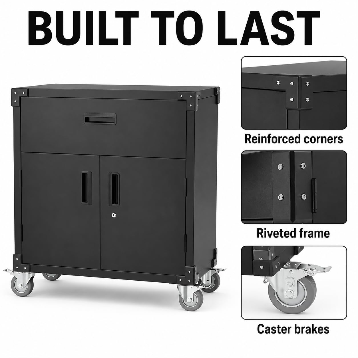 EliteEdge 31" Metal Storage Cabinet with Drawers and Wheels, Lockable Rolling Tool Cabinet, Heavy Duty Steel Utility Cabinet for Garage Workshop, Adjustable Shelf, Locking Wheels, Black
