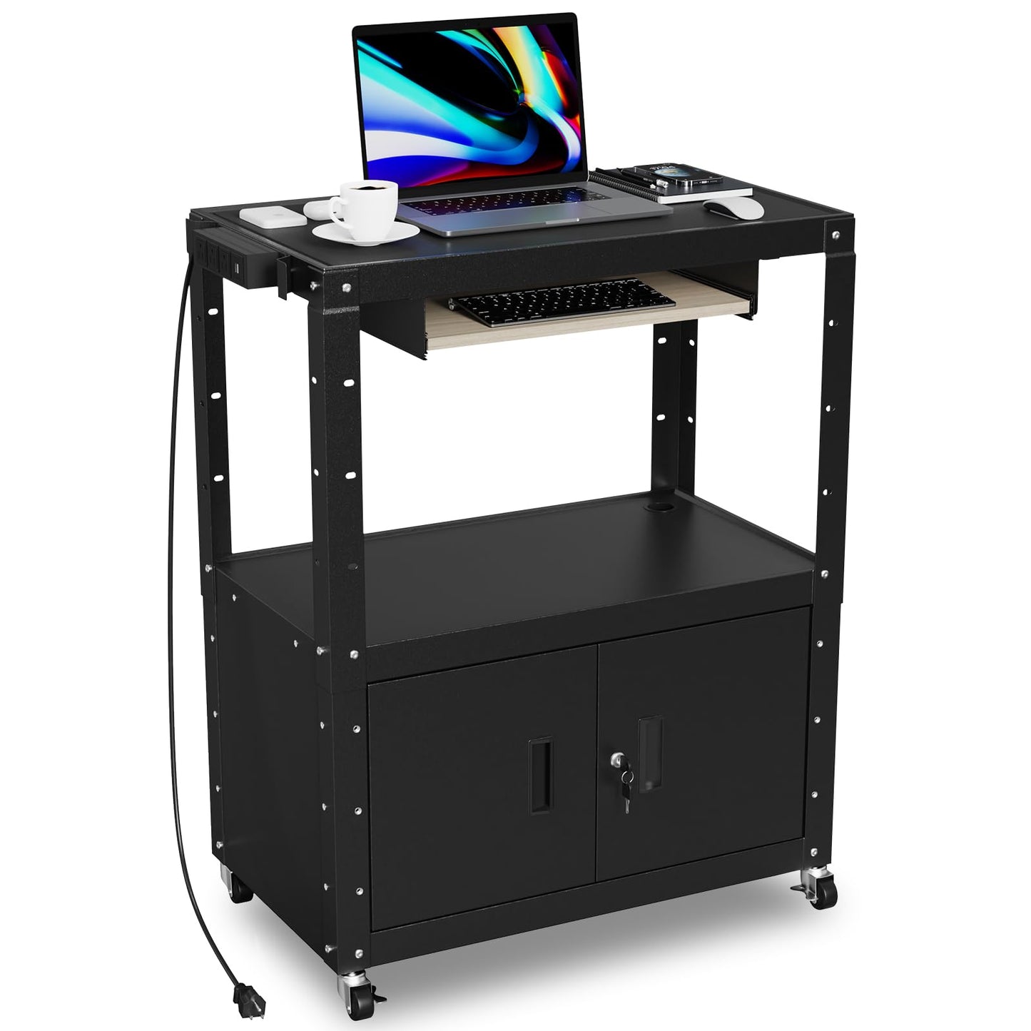 AV Cart, Adjustable-Height Rolling Computer Cart with Charging Station, Steel AV Presentation Cart with Locking Cabine & Keyboard Tray, Multipurpose Utility Cart Mobile Workstation for Office, Black