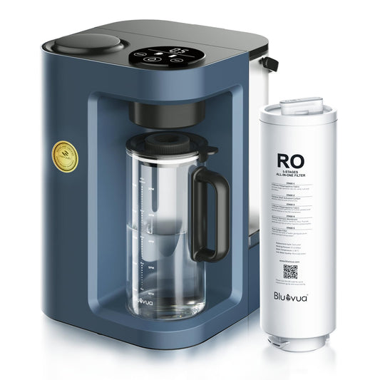 Bluevua RO100ROPOT-Lite Countertop Reverse Osmosis Water Filter System, 3:1 Pure to Drain Ratio, Portable RO Filtration with Remineralization, No Installation, WQA Certified, 6-Stage Blue