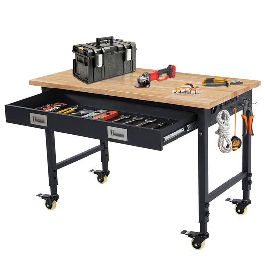 ACONEE 48" Adjustable Workbench for Garage, Heavy Duty Worktable with Drawer, 2000 LBs Load Capacity, Rubber Wood Workshop Bench with Power Outlet & 4 Lockable Wheels, 48x24x1.5 in Thick Rubber Top