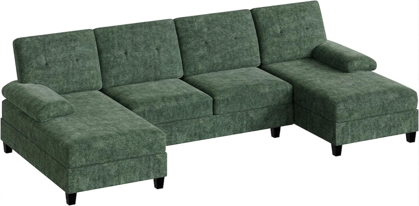U-Shaped Sectional Couches for Living Room, 4 Seat Sofa with Double Chaise Lounges,Solid Wood Frame Sectional Sofa for Apartment,Green