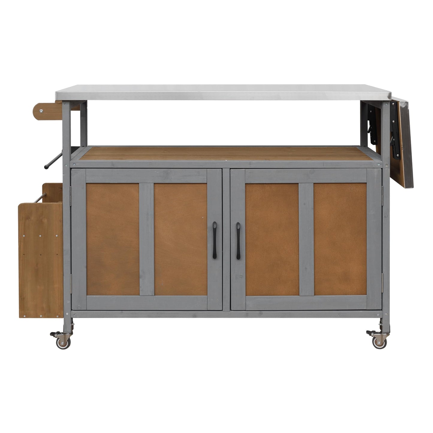 Outdoor Kitchen Island Cart with Foldable Stainless Steel Top, Rolling Grill Table with Adjustable Shelf Storage Spice Rack & Towel Holder, Wooden BBQ Prep Station with Lockable Wheels, Espresso Grey