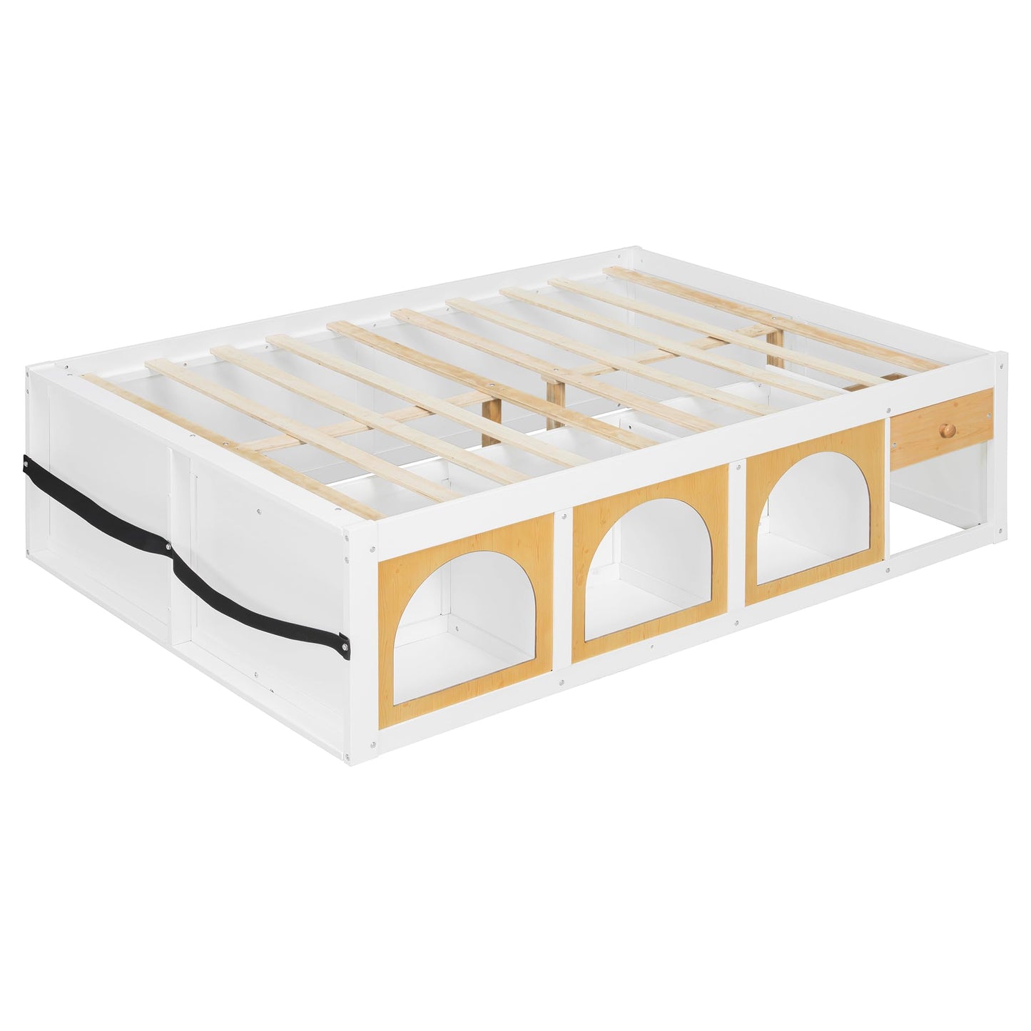 Merax Full Size Wooden Platform Bed with Bookshelf, Display Cabinet and Storage Drawer, White+Natural Multi-Functional Storage Bed for Bedroom, Guestroom