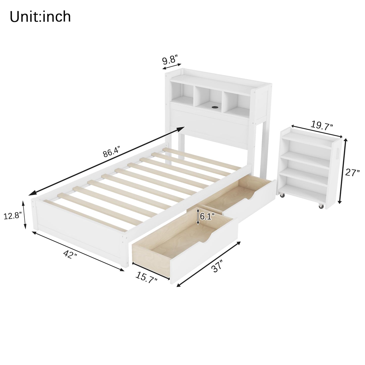 KEIKI Twin Size Wood Platform Bed Frame with Storage Headboard & Pull Out Storage Cabinet & 2 Drawers, Modern Bed with Solid Slats & Socket, No Box Spring Required, Easy Assembly, for Bedroom, White