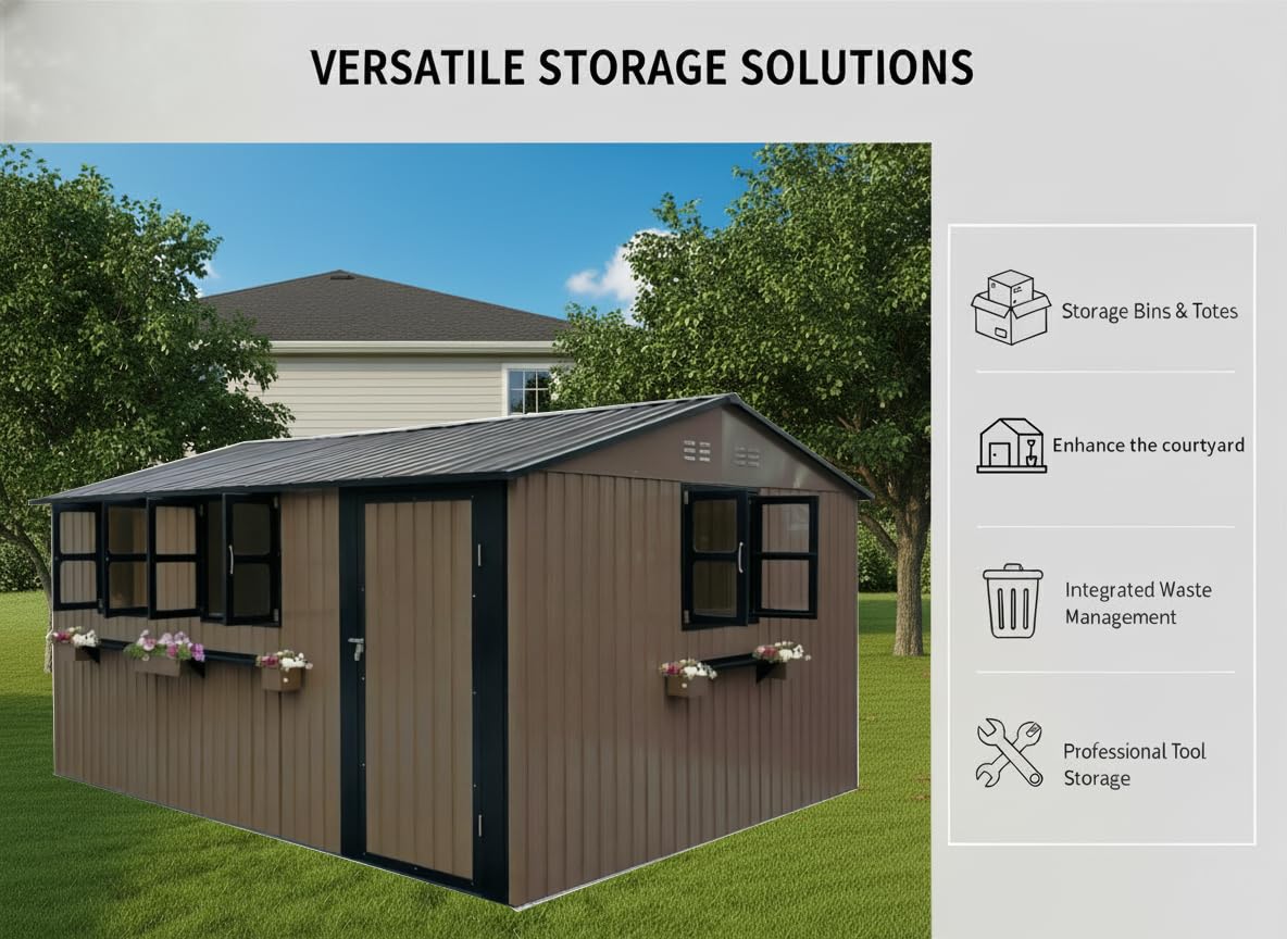 KEIKI 12x10 FT Outdoor Metal Storage Shed with 3 Clear Windows, Walk in Lockable Single Door Heavy Duty Steel Utility Shed Waterproof Rust Resistant Windproof for Backyard Garden Yard, Brown