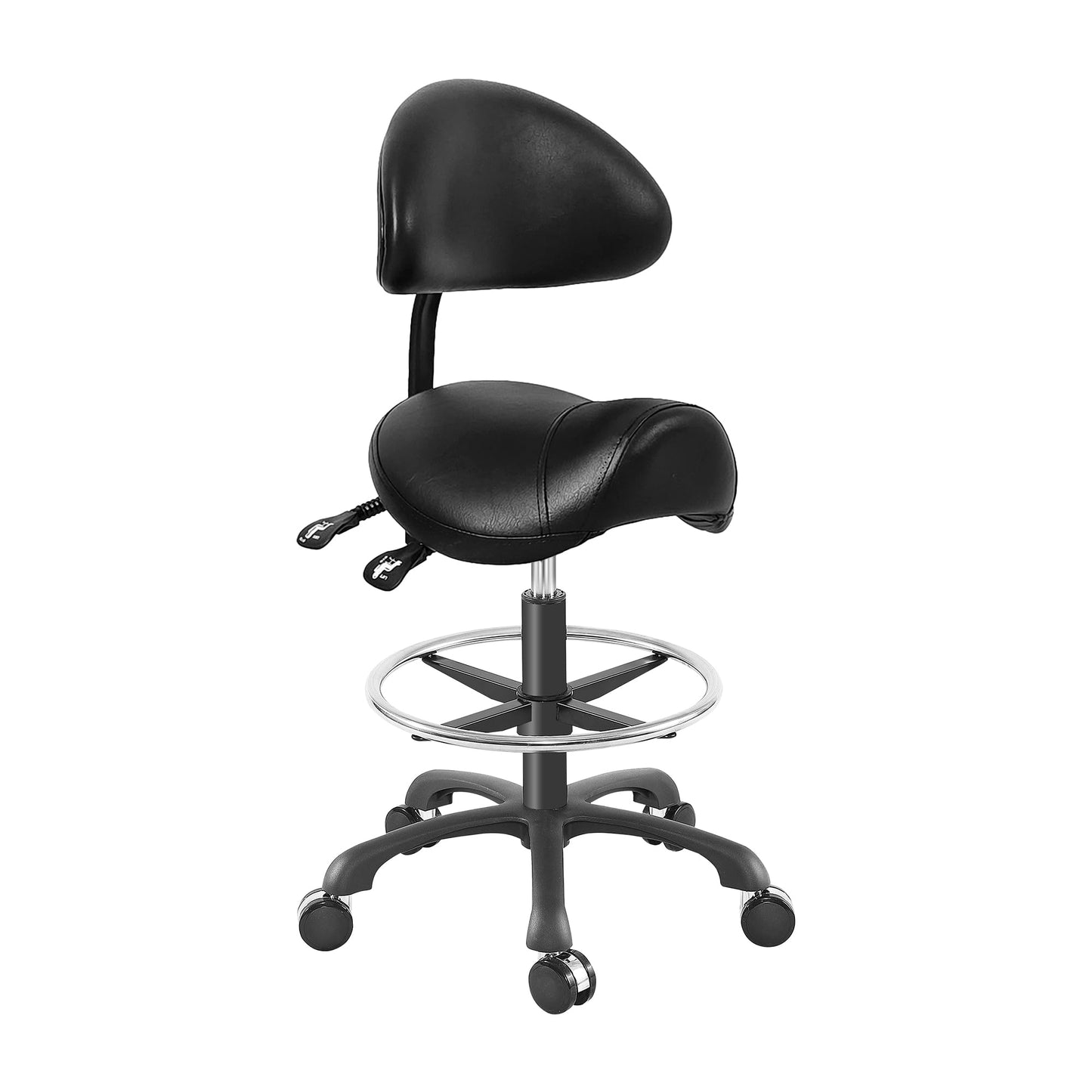 Ergonomic Adjustable Drafting Chair with Oversized Saddle Seat, Heavy-Duty Esthetician Stool for Salon Office Workshop Stool, Smooth Casters for Hard Soft Floors(with Backrest/Footrest,Black)