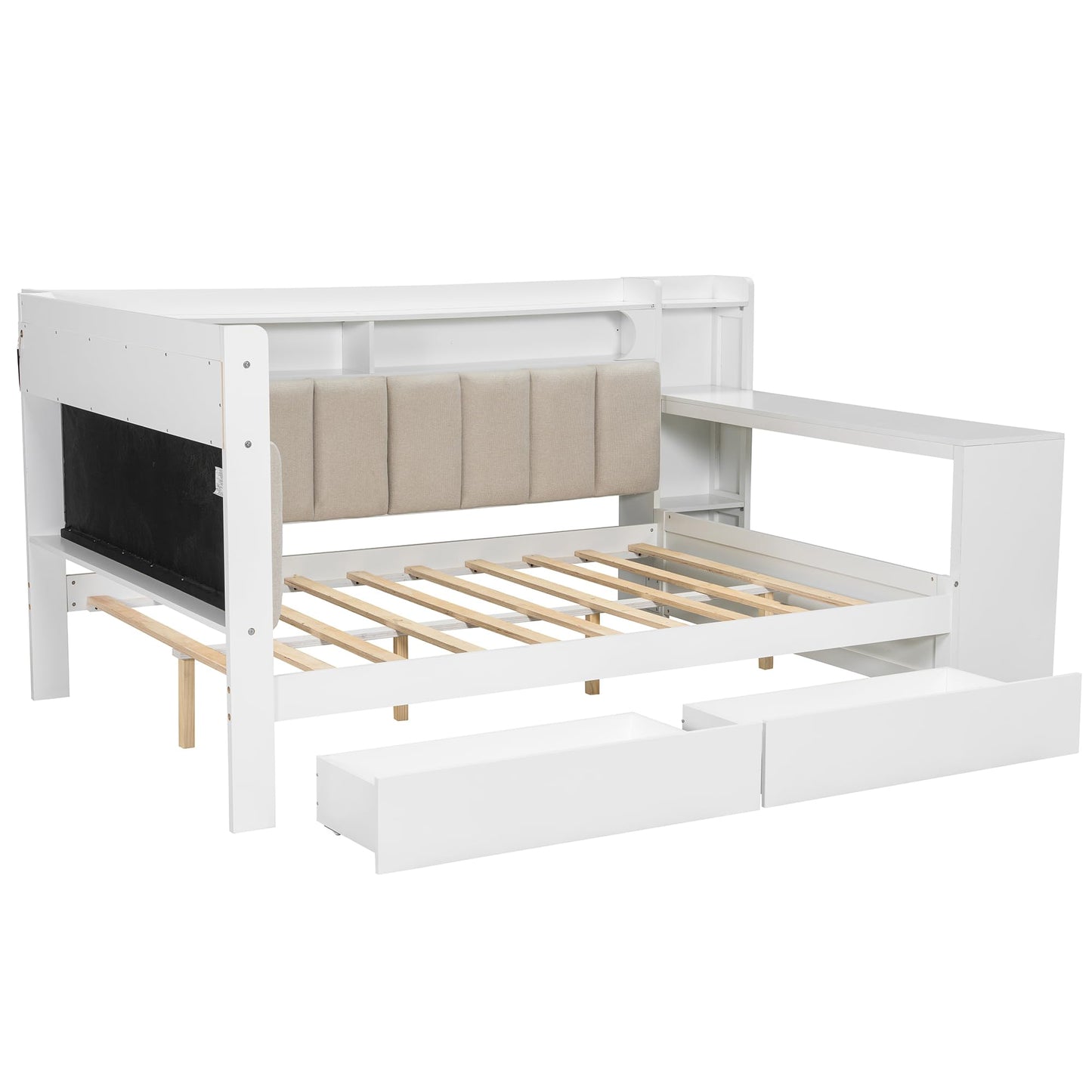 Merax Full Size Multifunctiona Daybed with Storage Drawers and Built-in Shelves & Desk, Corner Bed Frame with Charging Station, LED Light, Upholstered Headboard and Backrest