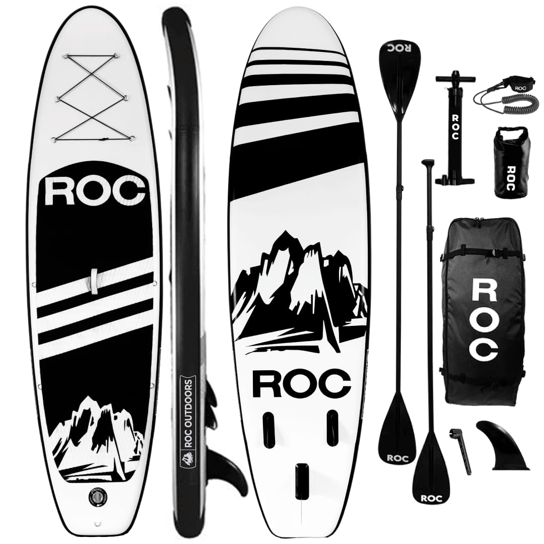 Roc Inflatable Stand Up Paddle Board with Premium SUP Paddle Board Accessories, Wide Stable Design, Non-Slip Comfort Deck for Youth & Adults (Black)