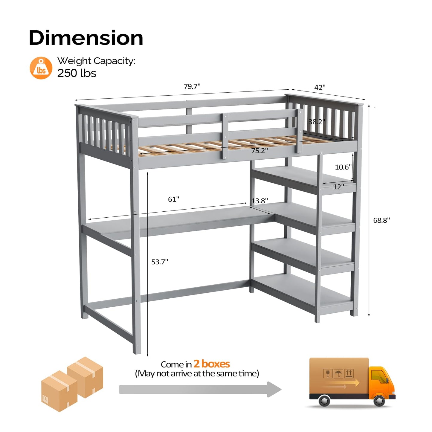 JOYMOR Bunk Bed with Desk and 4-Layer Shelves, Loft Bed Twin Size with Under Desk and Bookcase Storage, Twin Bed Frame for Kids, Adults& Young Teens