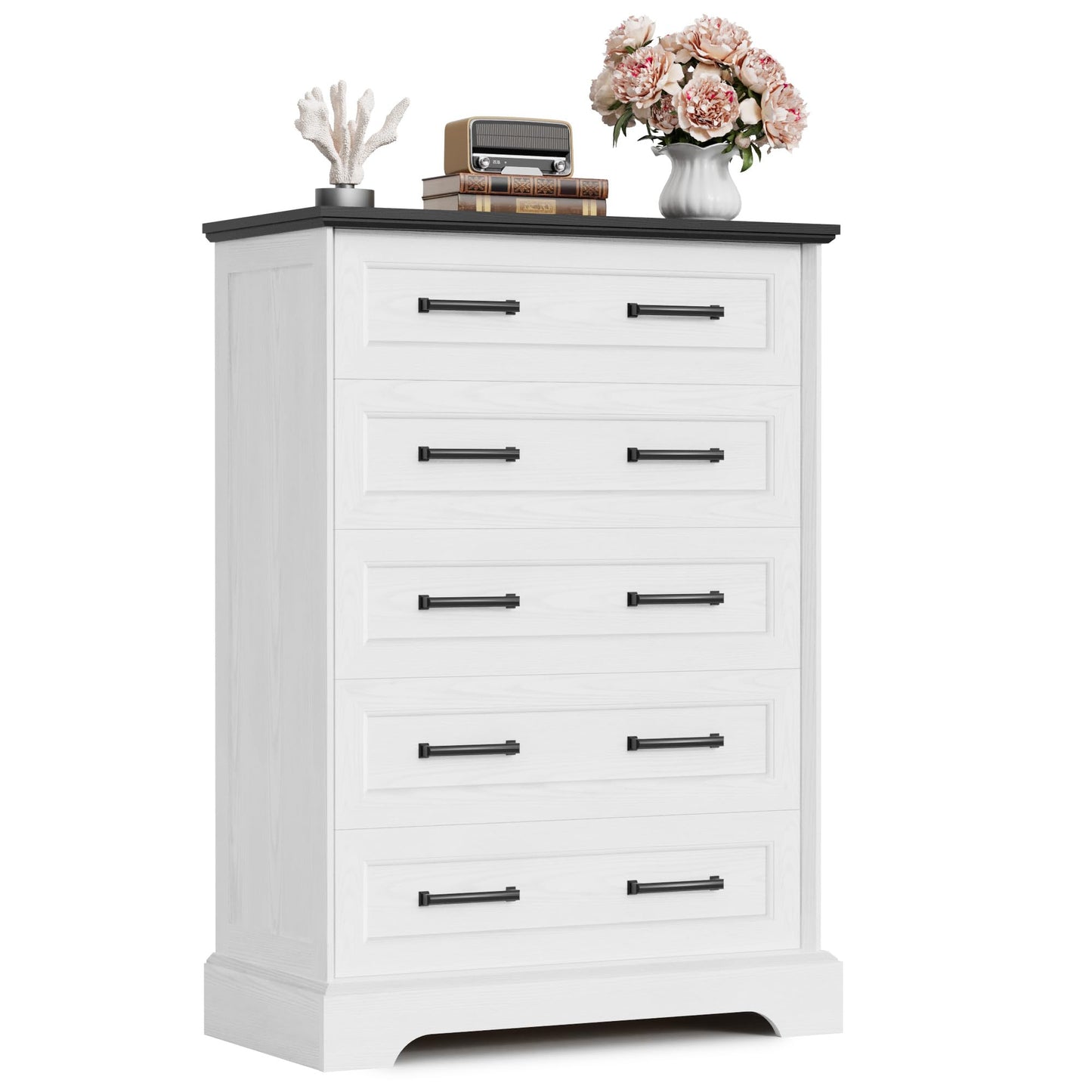 Furmax Farmhouse Dresser for Bedroom, 5 Drawers Dresser, Wood Chest of Drawers, 31.5" Wide Storage Dressers Organizer for Bedroom, Living Room (White and Black)