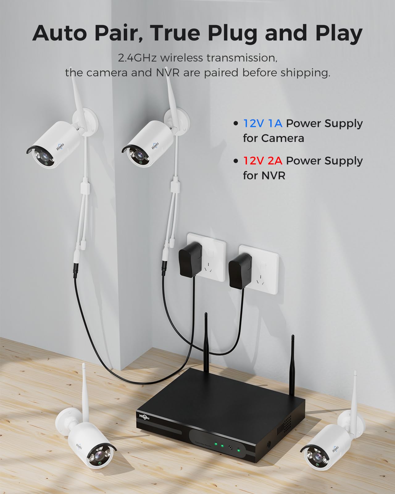 [100ft] Hiseeu Wireless WiFi Security Camera System, Wired Plug-in Powered, Expandable 16CH 4K NVR, 4Pcs 3MP Night Vision Cameras Home Surveillance Outdoor, Motion Detection, 1TB HDD, One-Way Audio