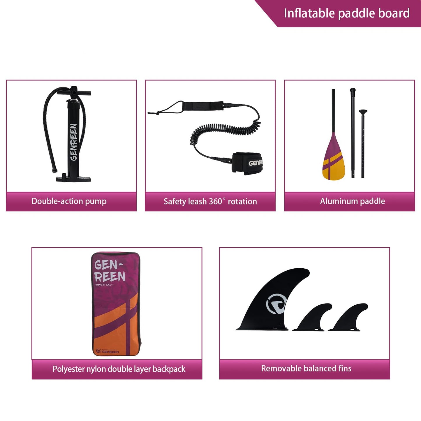 Genreen Paddle Board Stand Up Inflatable SUP Newly Improved 400LBS EVA 0.5cm 3 Fins Quality Inspection5 for Japanese Customers Ultra Stable 11'33"6" Monstera Red Violet Peru