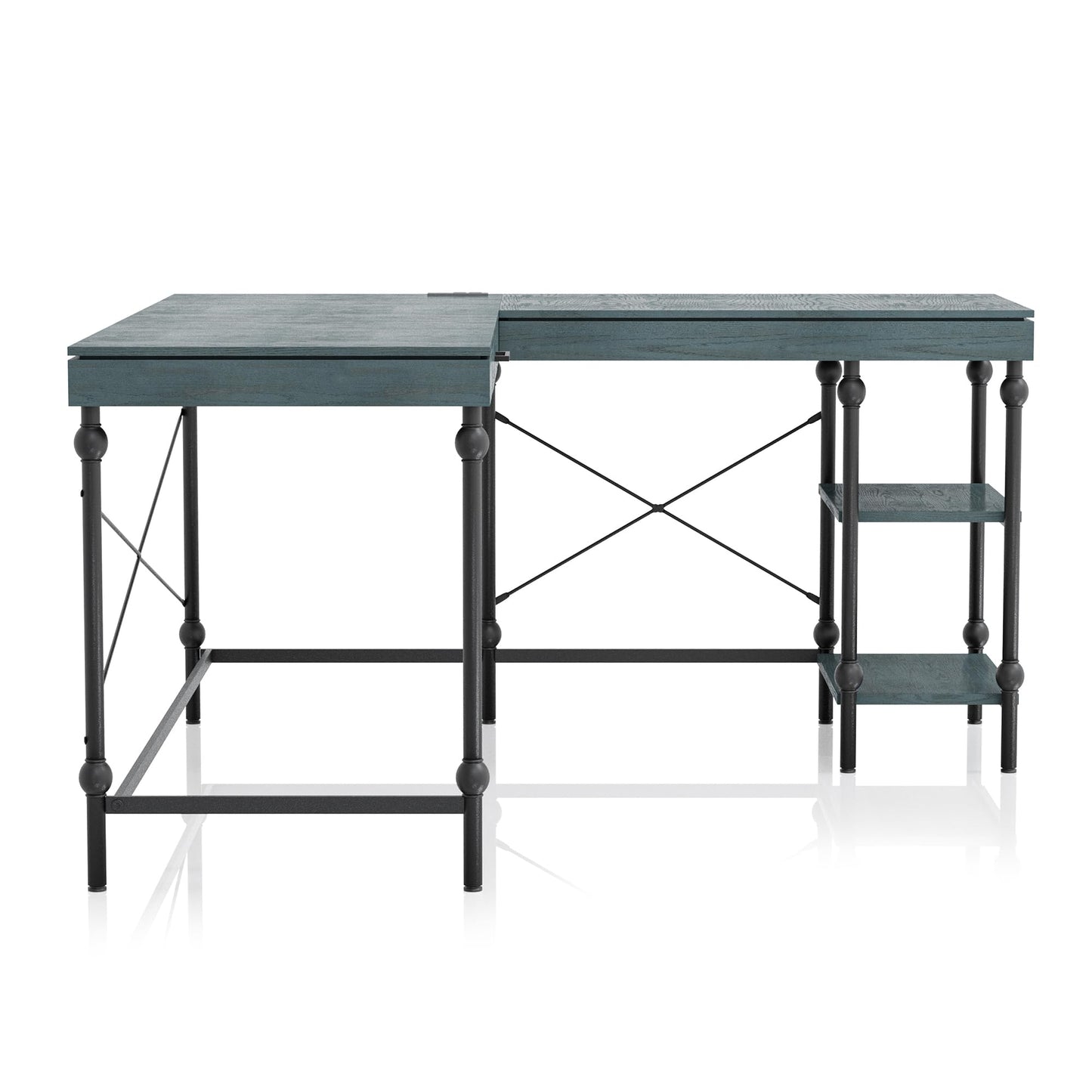 24/7 Shop at Home Monier Farmhouse Metal 2 Shelves Corner Computer Desk with USB Port, Power Outlet, 1 Drawer for Workstation, Home Office, Study Room, Antique Blue