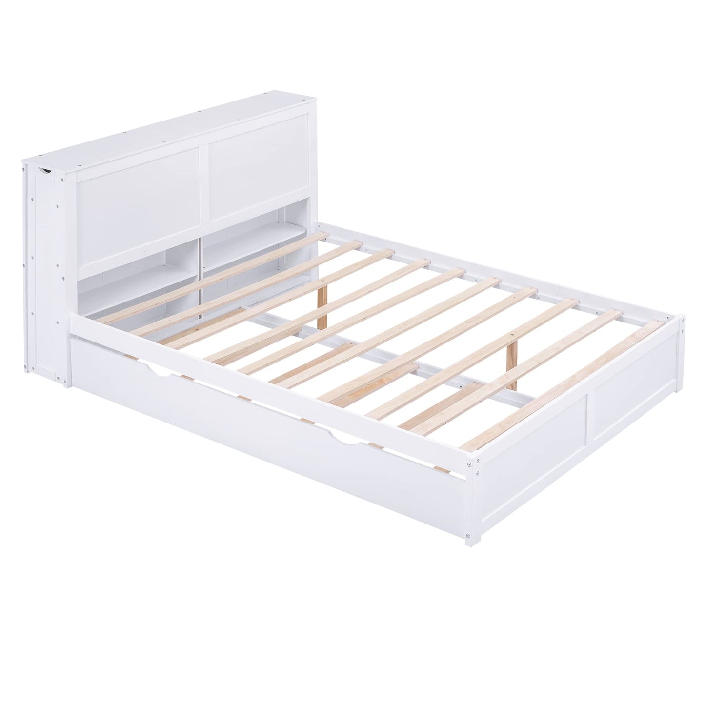 Acosure Queen Size Storage Platform Bed with Pull Out Shelves and Twin XL Size Trundle,Bedroom Wood Bed Frame W/Headboard,No Box Spring Required,for Kids Teens Girls Boys,White
