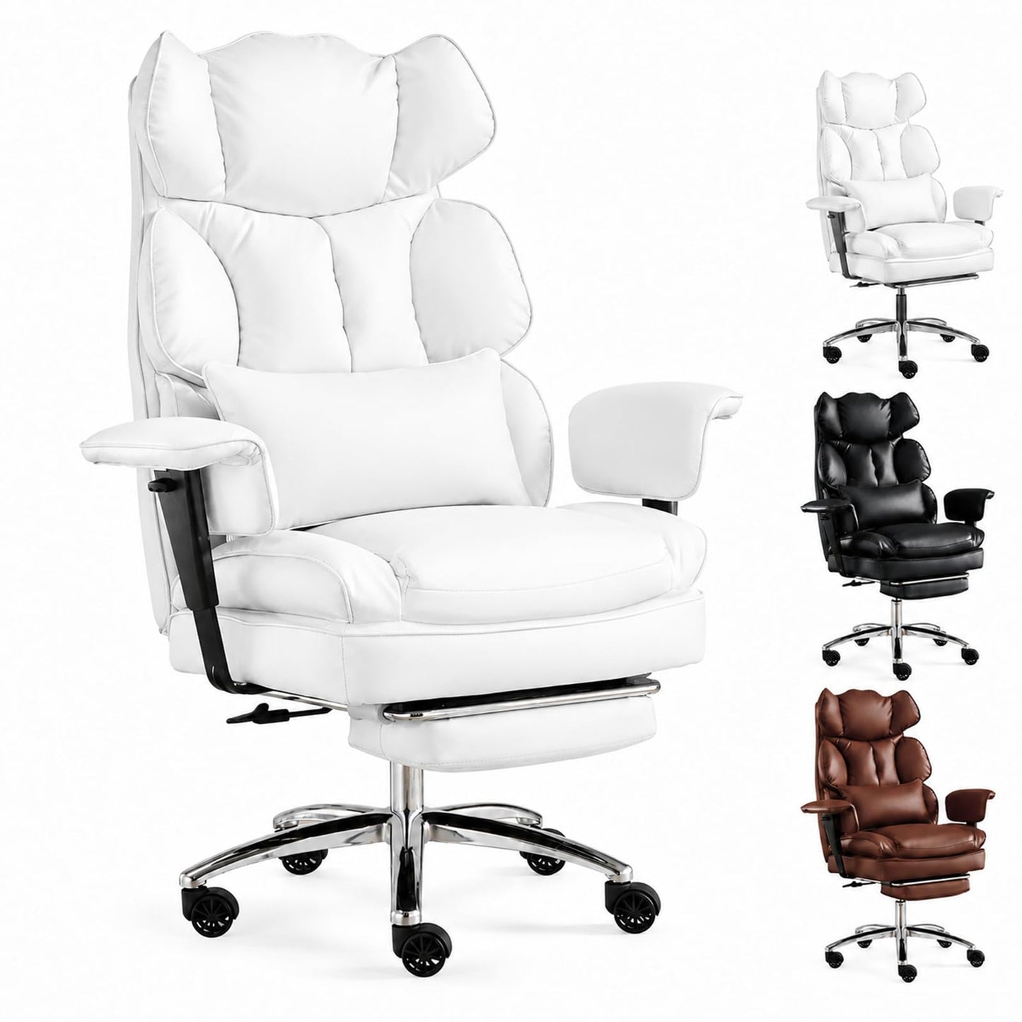 Big and Tall Ergonomic Office Chair with Footrest, Executive High Back PU Leather Desk Chair, Reclining Computer Chair with Adjustable Lumbar Support and Armrests, Swivel Rolling Gaming Chair, Beige
