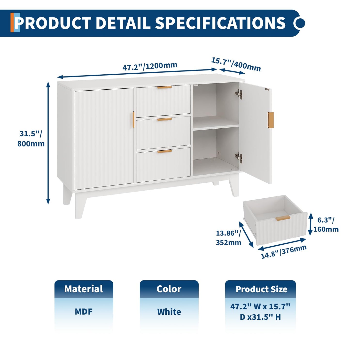 47.2" Fluted Buffet Cabinet, Mid-Century Sideboard with 2 Waveform Doors, Gold Handles, 3 Drawers & Adjustable Shelves, Coffee Bar TV Stand for Living Room Kitchen- White