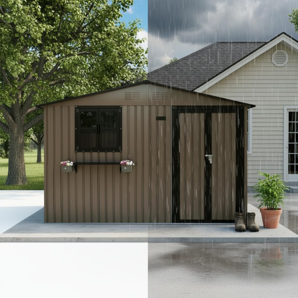 10x8 FT Storage Shed,Outdoor Metal Building Backyard Shed with 2 Clear Openable Windows,Windowsill & Garden Bed Flower Rack,Lockable Double Doors Tool Shed, Heavy Duty Waterproof,for Yard,Brown