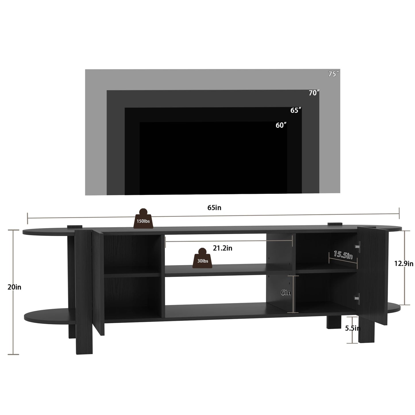 ZOSQUARE 65 Inch TV Stand for Up to 75 inch TVs, Fluted Entertainment Center with Adjustable Shelve, Curved Round Corner TV Console Table with Storage for Living Room, Bed Room (Black)
