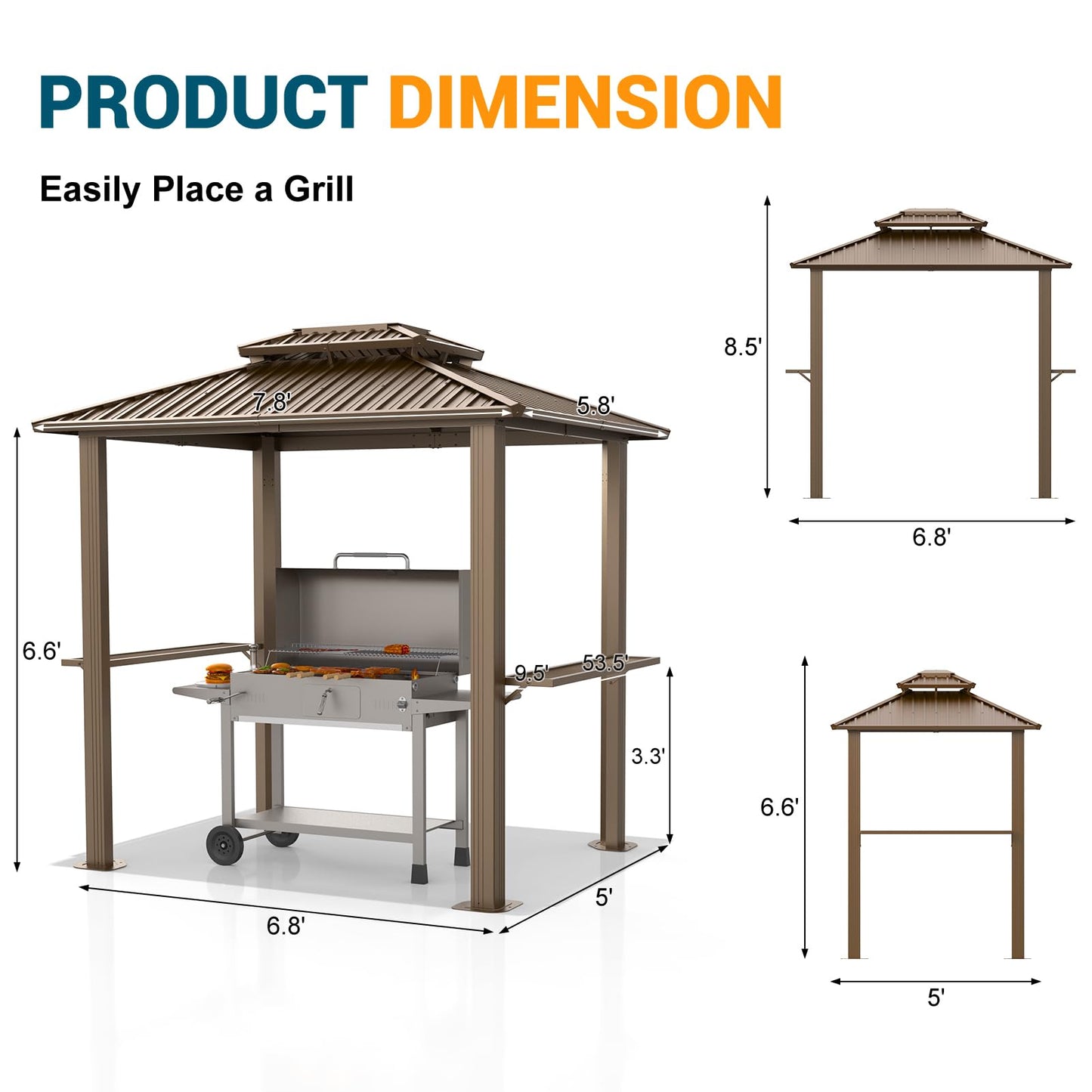Hoteel 6x8 Hardtop Grill Gazebo, Outdoor Patio BBQ Gazebo with Galvanized Steel Double Roof, Hardtop Barbecue Canopy with 2 Side Shelves for Deck Lawn Backyard Garden,Brown