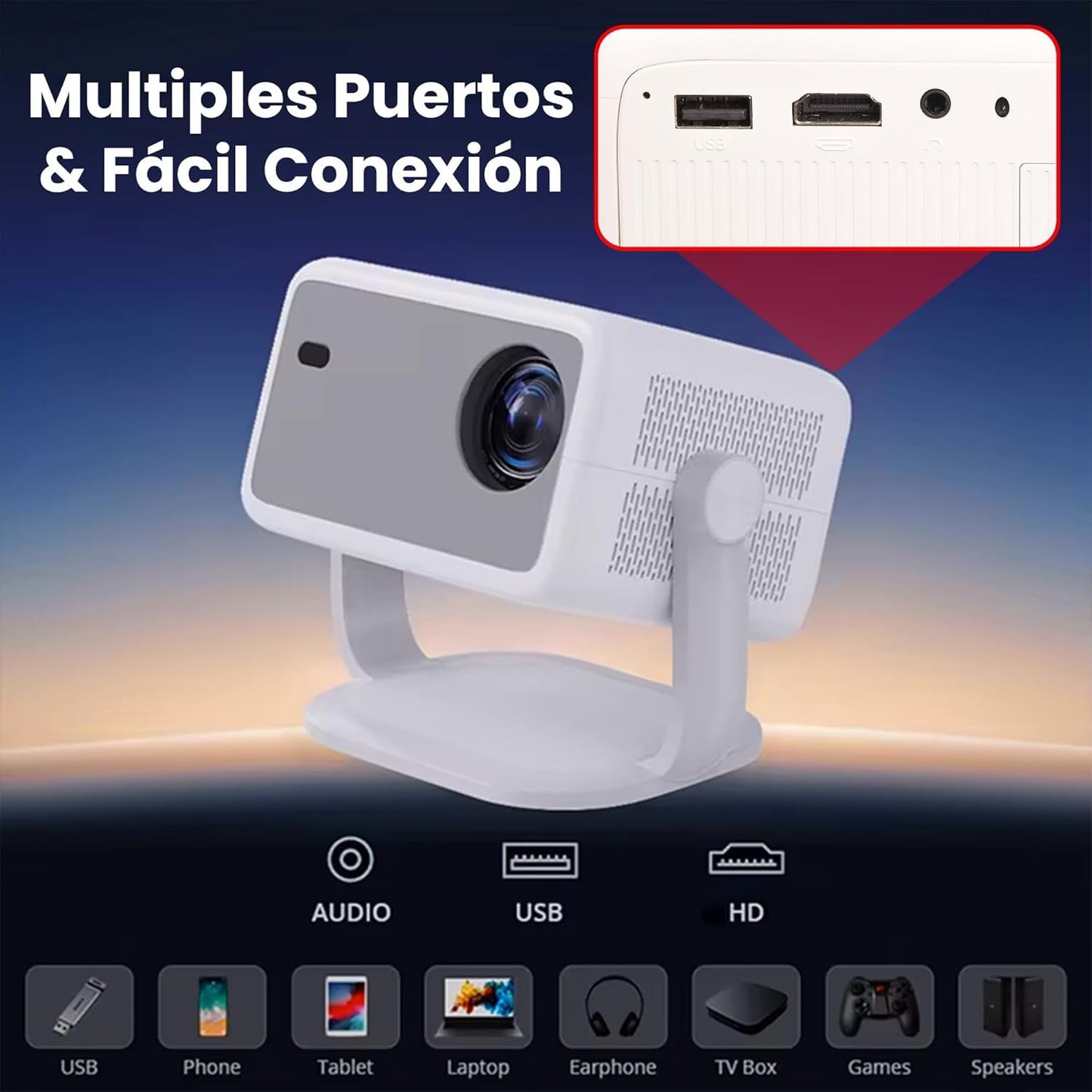 Smart Mini Projector with WiFi & Bluetooth, Native 1080P Full HD Portable Projector with Auto Focus & Keystone, Built‑In Apps, HDMI/USB, Small Home Theater Movie Projector for Indoor & Outdoor Use