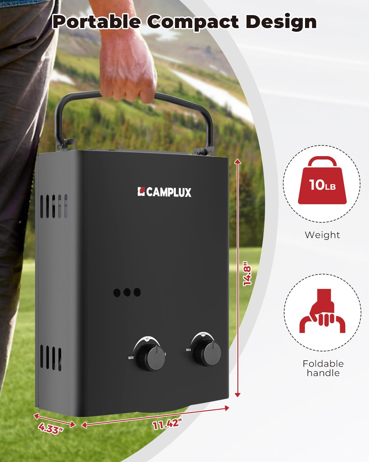 CAMPLUX 1.32 GPM Portable Water Heater, 5L Tankless Water Heater Propane Outdoor, AY132B, Black