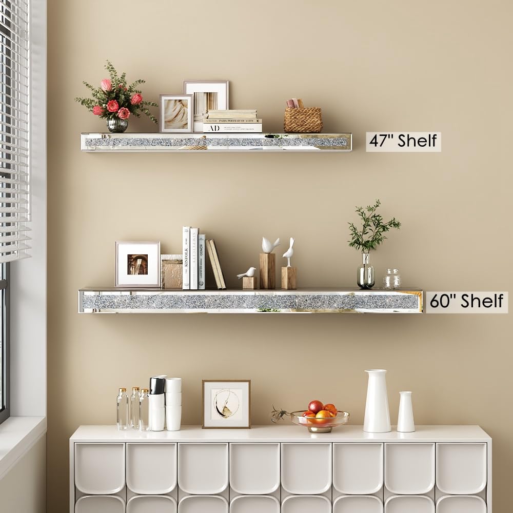 blingworld Mirrored Fireplace Mantel 60 Inches, Handcrafted Glass Mantel for Over Fireplace, Crystal Crushed Diamond Fireplace Mantel Shelf, Wall Mounted Floating Fireplace Mantels, Silver