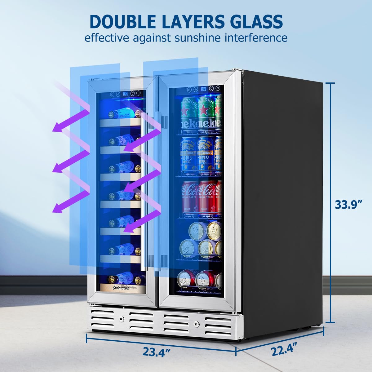 Kalamera 24 inch Wine Fridge Hold 21 Bottles and 75 Cans,Dual Zone Wine and Beverage Refrigerator,Built-In or Freestanding with Blue LED Light,for Home/Bar/Office